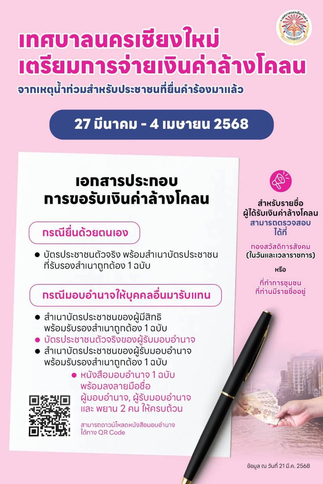 ผู้ว่าฯ เชียงใหม่ อนุมัติจ่ายเงินค่าล้างโคลนจากเหตุน้ำท่วม เทศบาลนครเชียงใหม่พร้อมนำจ่ายทันที
