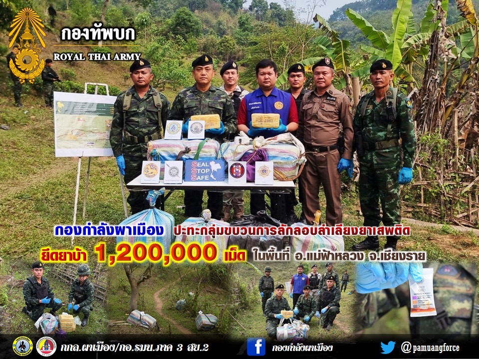 กกล.ผาเมือง ทำการสกัดกั้นยาเสพติด ปะทะกลุ่มขบวนการลักลอบลำเลียงยาเสพติด ยึดยาบ้า 1,200,000 เม็ด ในพื้นที่ อ.แม่ฟ้าหลวง จ.เชียงราย
